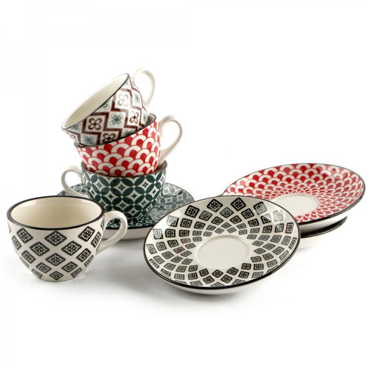 TAZZA CAPPUCCINO CON PIATTO MOSAIK CL.16 CONFEZIONE 4 PEZZI DECORI ASSORTITI Tazza cappuccino con piatto mosaik cl.16 confezione 4 pezzi decori assortiti