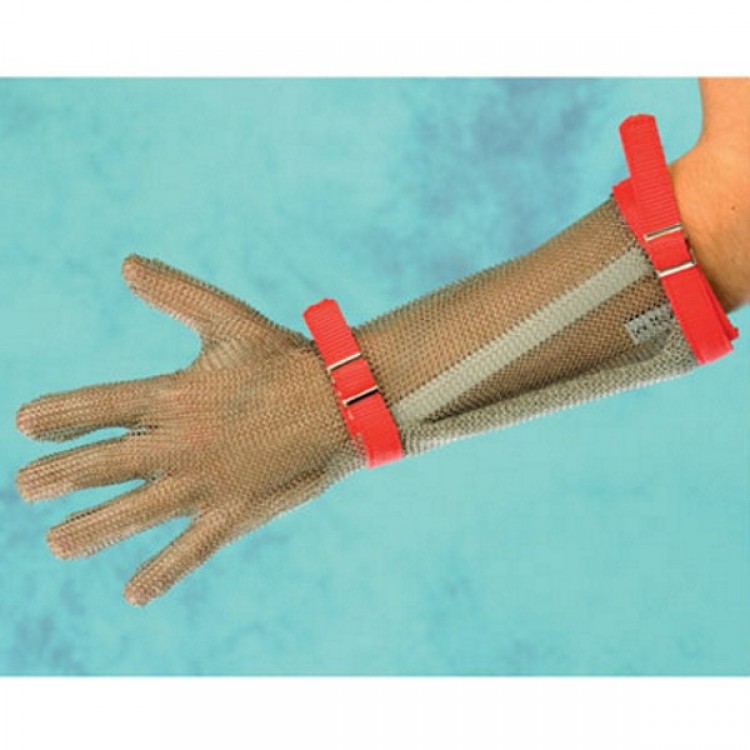 GUANTO ANTINFORTUNISTICA INOX 5 DITA E AVAMBRACCIO CINTURINO ROSSO TG.M Guanto antinfortunistica inox 5 dita e avambraccio cinturino rosso tg.m