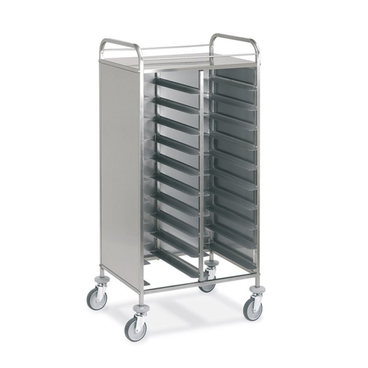 Carrello inox portavassoi cm.53x32,5 20 vassoi pannellato inox